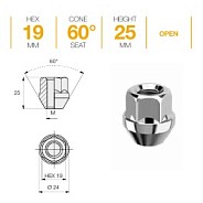 Гайка M12x1.25 L25 H19 Zn конус Ellis N19ACN25O